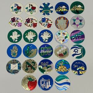 Lot of 28 Vintage Jewish Israel Theme Pogs Milk Caps Shabbat Passover Judaism